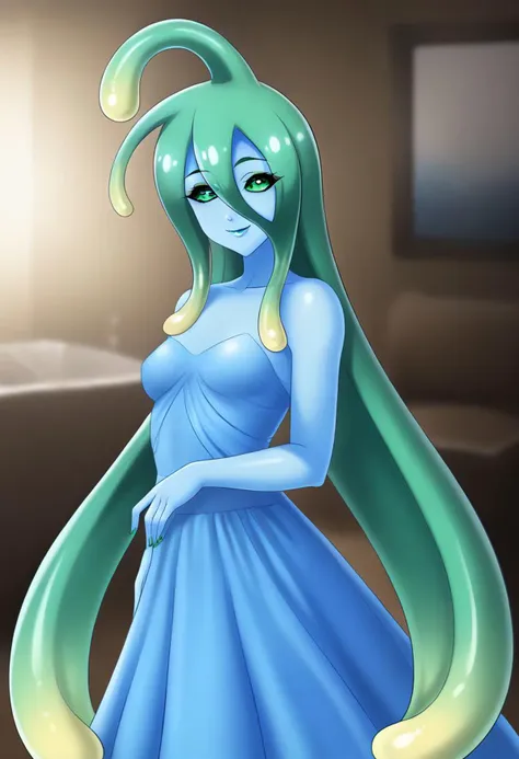 1girl, long_hair, looking_at_viewer, standing, makeup, mascara, small breasts, nail_polish, smile, solo, very long hair, indoors, masterpiece, high_quality, mmsuu, monster girl, slime girl, blue skin, tentacle hair, ahoge, upper body, face focus, face close-up, makeup, green eyeshadow, neko smile, cat smile, blue lips, lipstick, living room, full lips, long dress, dress