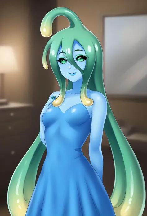 1girl, long_hair, looking_at_viewer, standing, makeup, mascara, small breasts, nail_polish, smile, solo, very long hair, indoors, masterpiece, high_quality, mmsuu, monster girl, slime girl, blue skin, tentacle hair, ahoge, upper body, face focus, face close-up, makeup, green eyeshadow, neko smile, cat smile, blue lips, lipstick, living room, full lips, long dress, dress