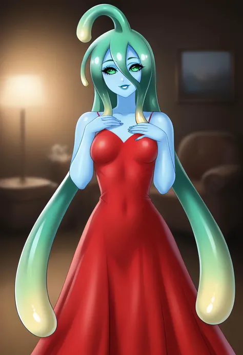 1girl, long_hair, looking_at_viewer, standing, makeup, mascara, small breasts, nail_polish, smile, solo, very long hair, indoors, masterpiece, high_quality, mmsuu, monster girl, slime girl, blue skin, tentacle hair, ahoge, upper body, face focus, face close-up, makeup, green eyeshadow, neko smile, cat smile, blue lips, lipstick, living room, full lips, long dress, red dress, evening dress, silky dress