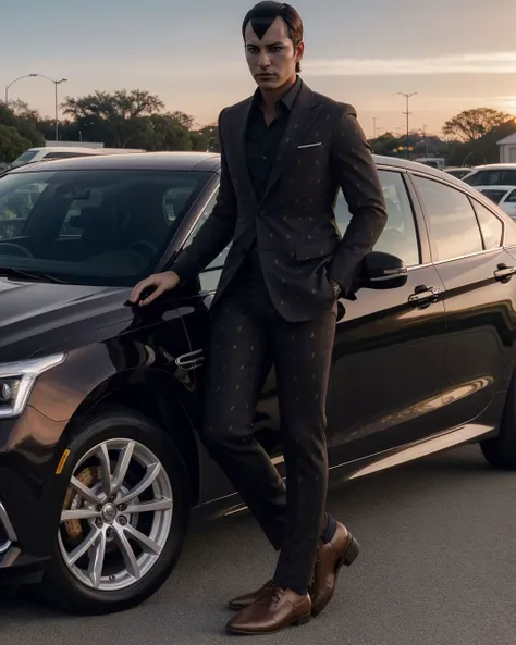 full body shot, 30 year old man, highly detailed, photo, photorealistic, best quality, masterpiece, going about his business, hikawasmt, black hair, formal, suit, eye shadow, mascara, <lora:zs_Hikawa:1>, sunset, car