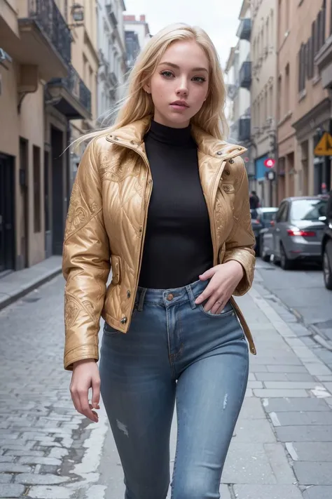 photo of S148_EmmaWhite, a stunning woman, on a (street:1.2), wearing a (quilted-jacket:1.2) and (jeans), (cityscape:1.1), (8k, RAW photo, best quality, depth of field, ultra high res:1.2), (absurdres, intricate, photorealistic, masterpiece, ultra-detailed:1.3)