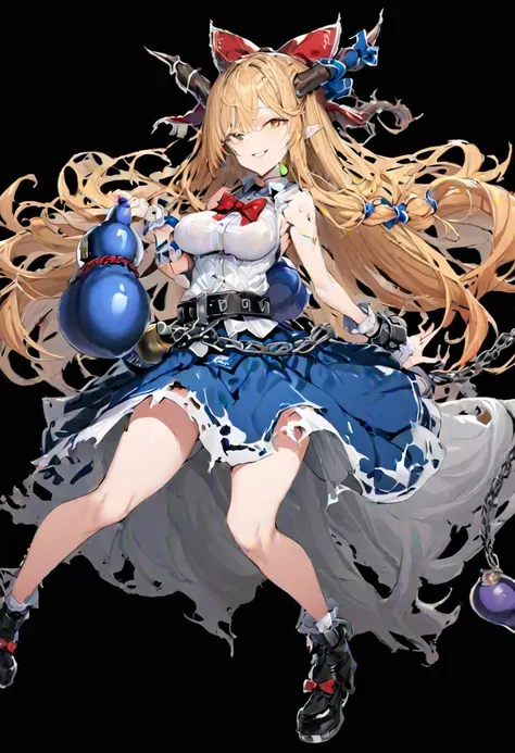 masterpiece, best quality, ultra-detailed, beautiful, nai3, 1girl, solo, full_body, tachi-e,
((ibuki_suika)):2, solo, 1girl, gourd, wrist_cuffs, ball_and_chain_restraint, bangs, smile, long_hair, shirt, breasts, blonde_hair, red_eyes, bow, brown_eyes, skirt, ribbon, white_shirt, hair_bow, red_bow, sidelocks, belt, bowtie, black_footwear, sleeveless, wrist_cuffs, collar, chain, blue_skirt, orange_hair, cuffs, torn_clothes, shackles, gourd, blue_ribbon, horns,