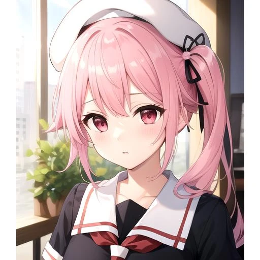 ((masterpiece)),(best quality),official art,extremely detailed CG,unity 8k wallpaper,ultra detailed,1girl,solo,upper body,(portrait:1.2),school_uniform,pink_hair,side_ponytail,multicolored_hair,blue_hair,gradient_hair,beret,long_hair,loafers,black_gloves,pink_eyes,red_eyes,pleated_skirt,hair_ornament,black_serafuku,ribbon,black_socks,<lora:Harusame(kan)>,