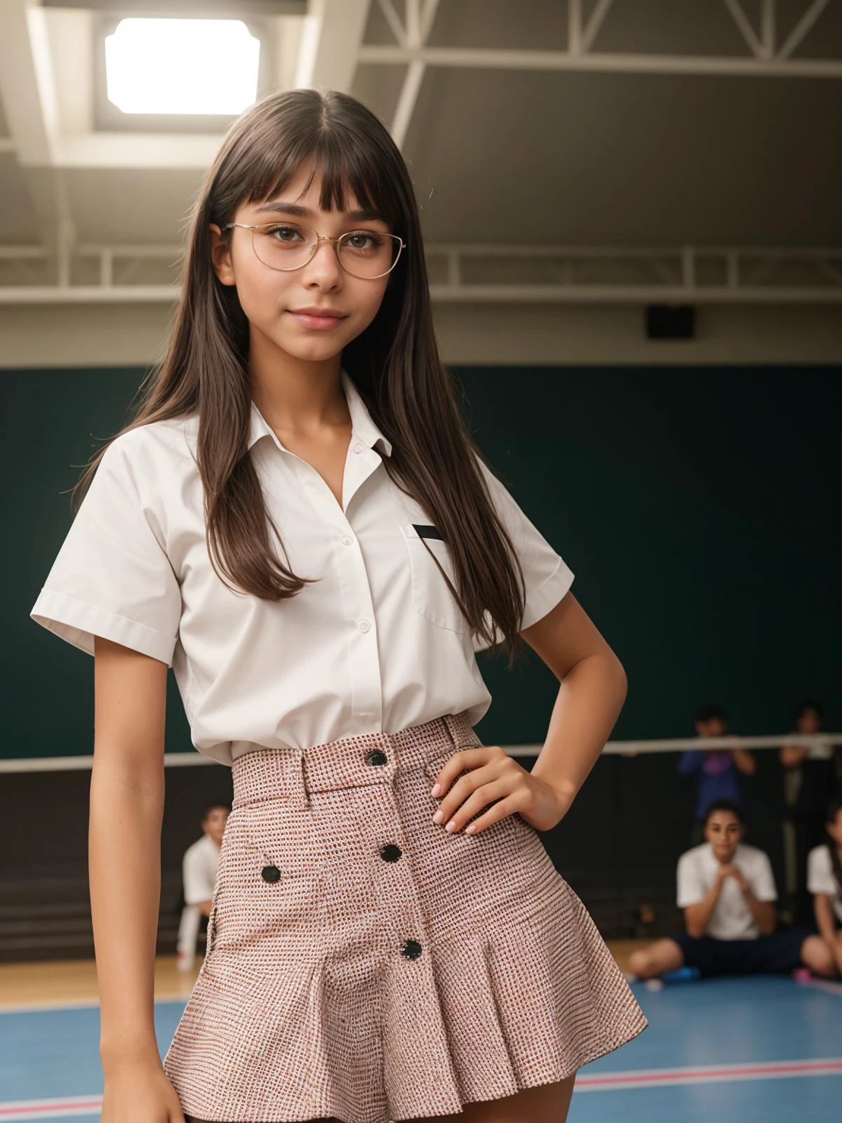 DV_Mickey_Vicious, teacher wearing a off-white white button-up shirt, tweed skirt, closed-toe heels, reading glasses,elegant wristwatch, light blush, school Gymnasium, Spacious room with basketball hoops at either end, bleachers along the sides, gym mats piled in a corner, exercise equipment neatly arranged, a scoreboard overhead, perfect teeth, by Steve McCurry, 35mm, F/2.8, ((Photo Focus, DOF, Aperture, insanely detailed and intricate, hypermaximalist, beautiful, revealing, appealing, attractive, hyper realistic, super detailed)), <lora:sd_v15_dpo_lora_v1:0.8>