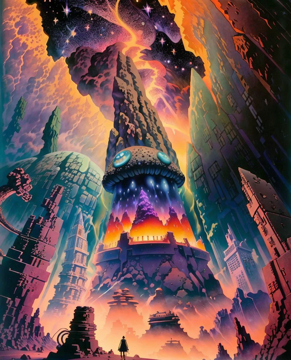 trapped in a surreal nightmare, science fiction, colorful illustration, scarf, junji_ito style, by Hannes Bok, moebiuscolors, rocks, shattered universe, double exposure, worlds, clouds, cobblestone street, lightning, nebula, starscape, city in the sky, crumbling buildings, post-apocalyptic, clashing colors, neon lights, mountains, scifi, aurora borealis, lava, exquisite details, masterpiece <lora:hannesbok:0.8> <lora:junji_ito:0.5> <lora:moebiuscolor:0.6>