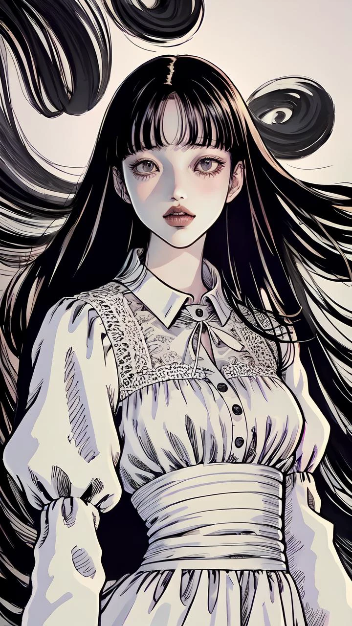 <lora:junji_ito:1.2>, junji_ito style, <lora:guastary2:0.7>,gua,
masterpiece, best quality, (highres), CG, extremely detailed 8K wallpaper, (extremely delicate and beautiful),
1girl, solo,
long_hair, blunt bangs,
dress,