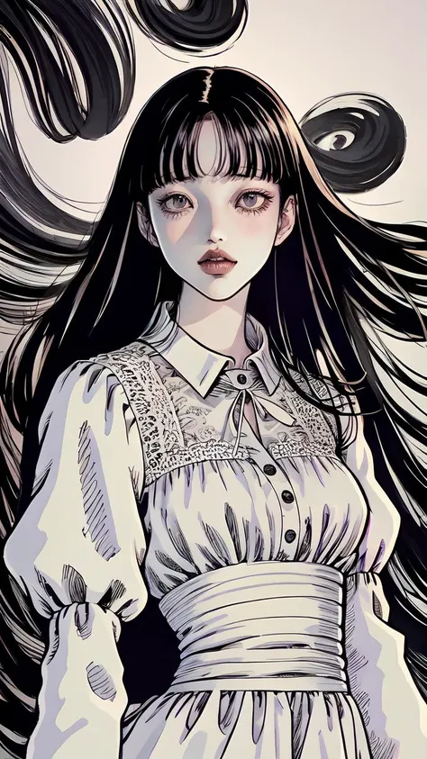 <lora:junji_ito:1.2>, junji_ito style,  <lora:guastary2:0.7>,gua,  
masterpiece, best quality, (highres), CG, extremely detailed 8K wallpaper, (extremely delicate and beautiful), 
1girl,  solo, 
long_hair, blunt bangs, 
dress,