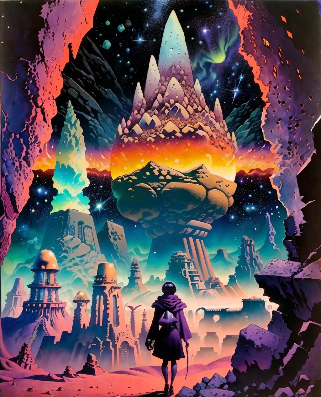 trapped in a surreal nightmare, science fiction, colorful illustration, scarf, junji_ito style, by Hannes Bok, moebiuscolors, rocks, shattered universe, double exposure, worlds, clouds, cobblestone street, lightning, nebula, starscape, city in the sky, crumbling buildings, post-apocalyptic, clashing colors, neon lights, mountains, scifi, aurora borealis, lava, exquisite details, masterpiece <lora:hannesbok:0.8> <lora:junji_ito:0.5> <lora:moebiuscolor:0.6>