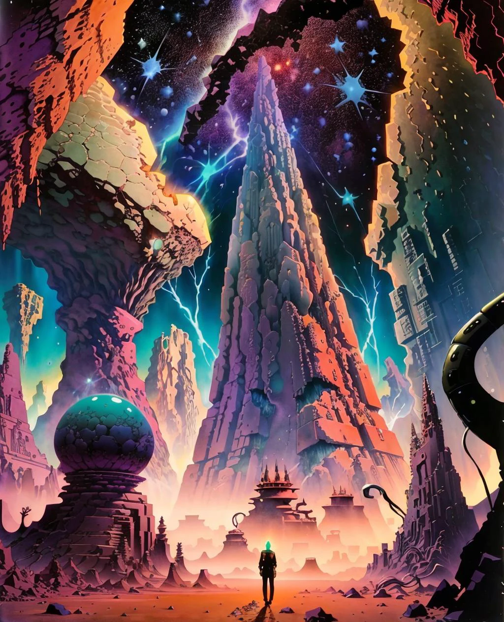 trapped in a surreal nightmare, science fiction, colorful illustration, scarf, junji_ito style, by Hannes Bok, moebiuscolors, rocks, shattered universe, double exposure, worlds, clouds, cobblestone street, lightning, nebula, starscape, city in the sky, crumbling buildings, post-apocalyptic, clashing colors, neon lights, mountains, scifi, aurora borealis, lava, exquisite details, masterpiece <lora:hannesbok:0.8> <lora:junji_ito:0.5> <lora:moebiuscolor:0.6>