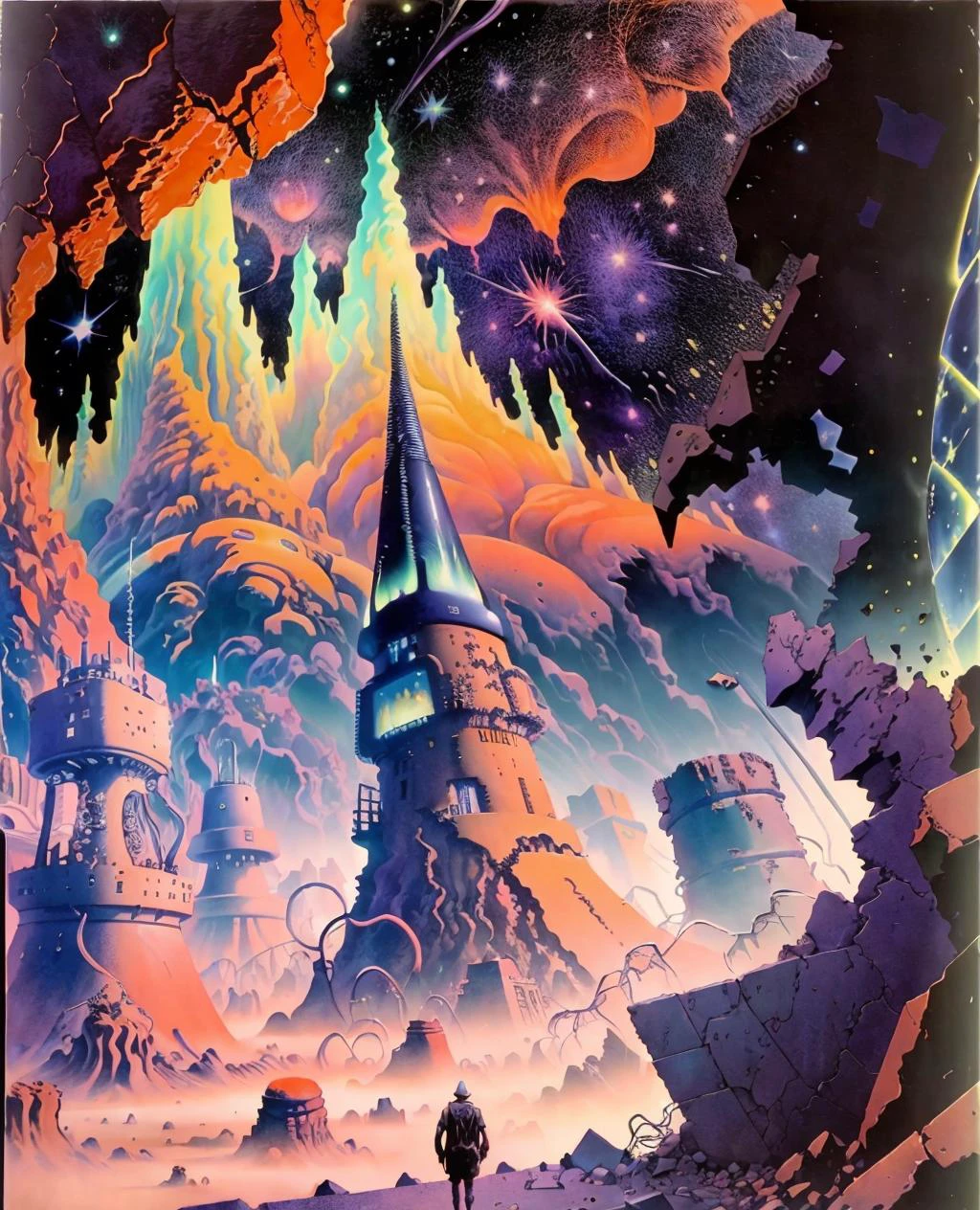 trapped in a surreal nightmare, science fiction, colorful illustration, scarf, junji_ito style, by Hannes Bok, moebiuscolors, rocks, shattered universe, double exposure, worlds, clouds, cobblestone street, lightning, nebula, starscape, city in the sky, crumbling buildings, post-apocalyptic, clashing colors, neon lights, mountains, scifi, aurora borealis, lava, exquisite details, masterpiece <lora:hannesbok:0.8> <lora:junji_ito:0.5> <lora:moebiuscolor:0.6>
