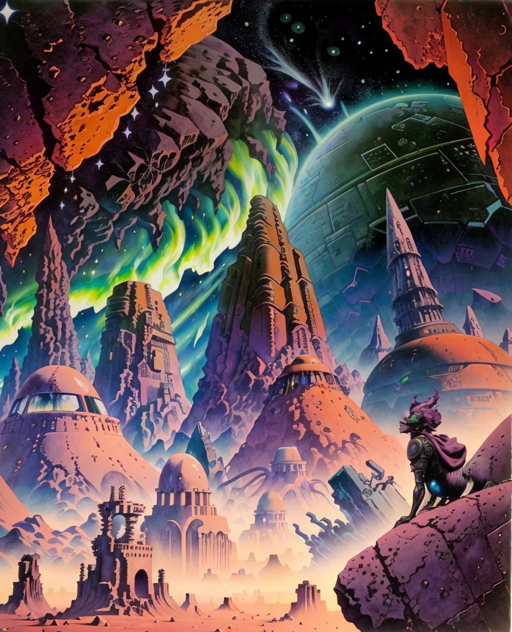 trapped in a surreal nightmare, science fiction, colorful illustration, scarf, junji_ito style, by Hannes Bok, moebiuscolors, rocks, shattered universe, double exposure, worlds, clouds, cobblestone street, lightning, nebula, starscape, city in the sky, crumbling buildings, post-apocalyptic, clashing colors, neon lights, mountains, scifi, aurora borealis, lava, exquisite details, masterpiece <lora:hannesbok:0.8> <lora:junji_ito:0.5> <lora:moebiuscolor:0.6>