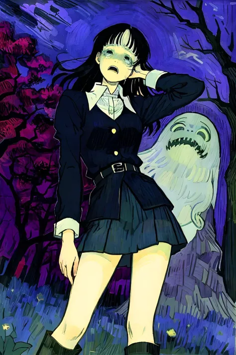 best quality,high quality,masterpiece,<lora:junji_ito_v6:0.8>,junji_ito style,1girl,(horror:1.2),<lora:Vincent Willem van Gogh style:0.9>,VincentWillemvanGogh,night,forest,frightened face,cry,gost,monsters,