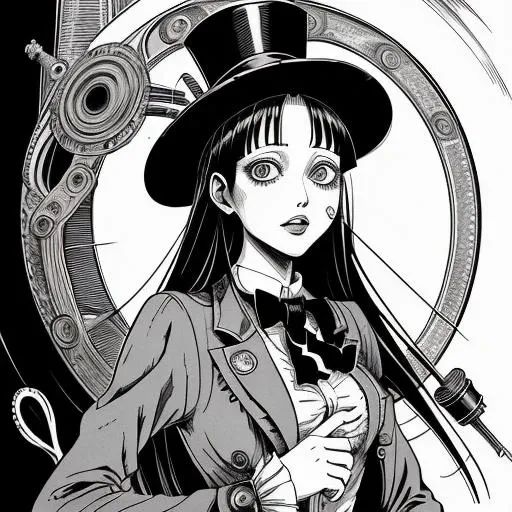 <lora:junji_ito_v6-000009:0.8>, junji_ito style, bunny, top hat, monocle, steampunk