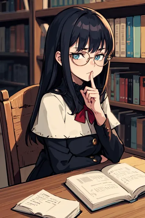 (best quality, ultra detailed), 1girl, solo, looking viewer, library, sitting on a chair at the table and reading a book, upset, worried, <lora:worriedeyes_v200:0.8>, shushing, <lora:Saya-shushing:0.8>, literary girl, circle-glasses,