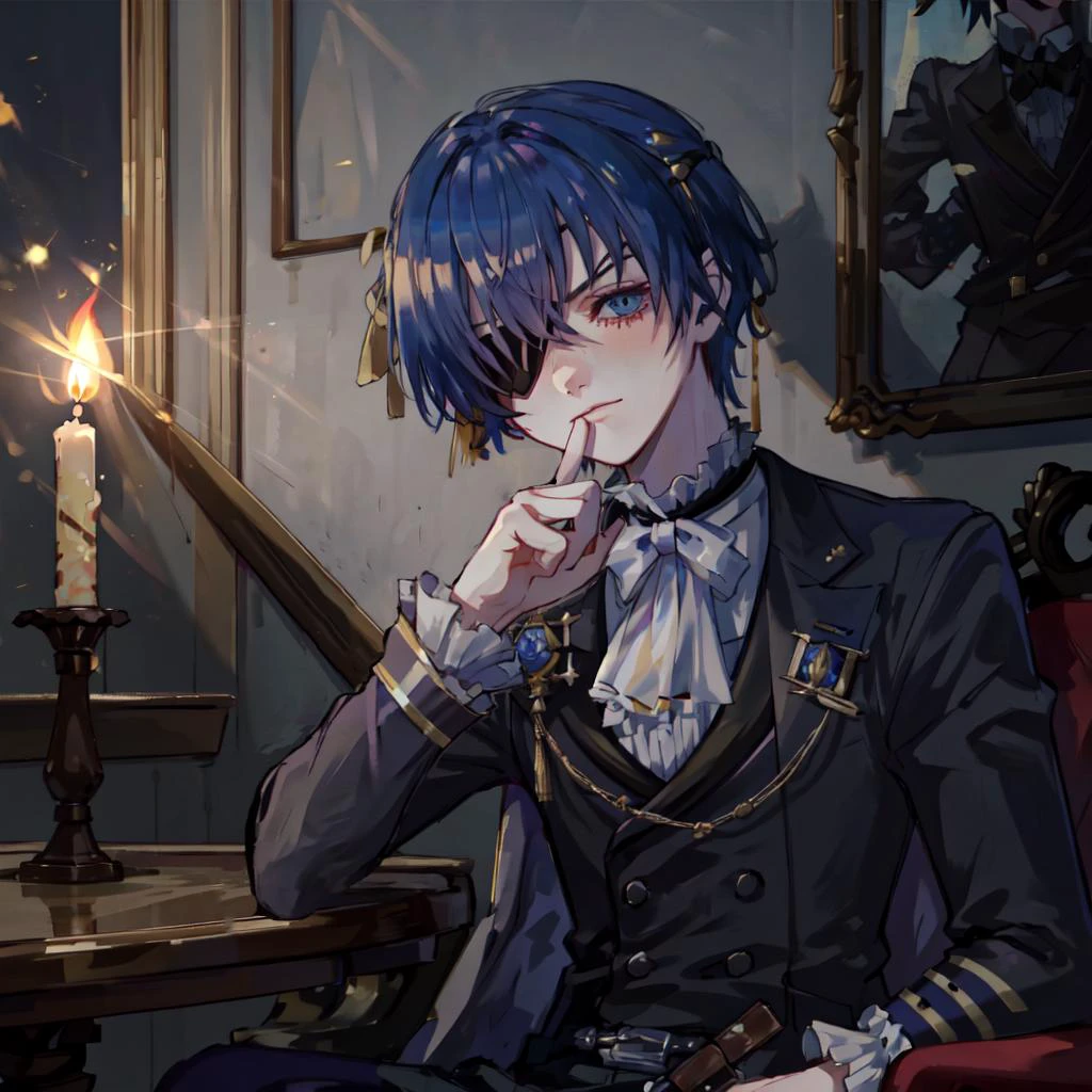 <lora:ciel_phantomhivev2-10:.7>, cielv2, 1boy, solo, eyepatch, half-closed eyes, squinting, serious, menacing, sitting down, cowboy shot, indoors, (dark, soft light:1.3), candlelight, Victorian mansion, depth of view, <lyco:Shushing:1>, shushing, AS-YoungV2
