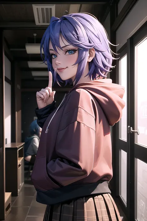 High Quality, Masterpiece, 1girl, Mizore Shirayuki, short hair, plaid skirt, pendant, <lora:Char_Rosario_MizoreShirayuki:1>, RHG, wearing RHG_hoodie, <lora:Outfit_LittleRedHoodies:1>, red hoodie, smirk, indoors, from side, looking at viewer, shushing, <lora:Pos_Shushing:1>