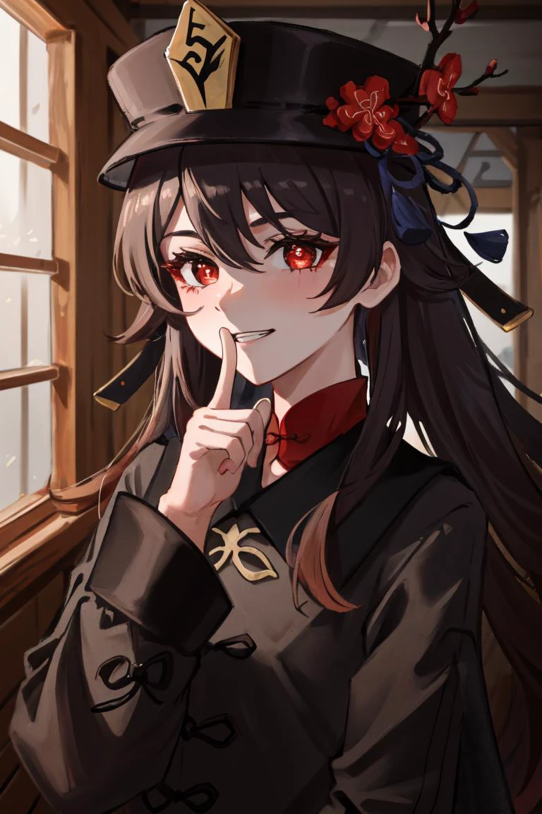 Highly detailed, High Quality, masterpiece, perfect ligthing, volumetric light, very detailed red eyes:1, detailed face:1, shushing, dark grin, inside storage room,<lora:hutao1:0.8> hutaodef, <lyco:Saya-shushing:1.0>