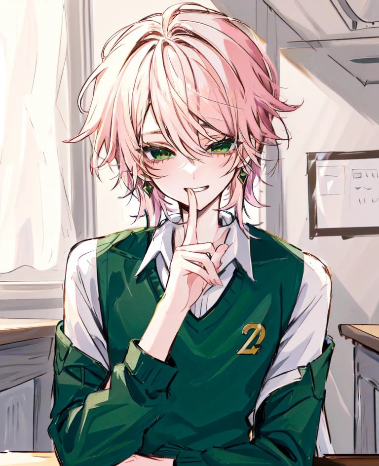 1boy, light pink hair, tsurime, narrowed eyes, pixie cut, hair between eyes, earrings, long sleeves, male focus, solo, green eyes, smile, smug, green sweater vest, pants, sketch by nty, school interior, desk, <lora:SketchStyle:0.7>, <lora:Tsurime3:1>tsurime, shushing, <lora:Saya-shushing:1>