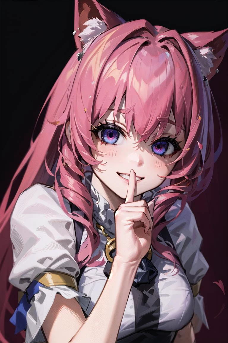 (best quality:1.0), (masterpiece:1.0), absurdres, highly detailed, excellent lighting, 1girl, up close, pov, upper body, <lora:qqq-yandere-v2:0.7>, leaning forward, yandere, yandere eyes, crazed smile, shushing, <lora:Saya-shushing:1>