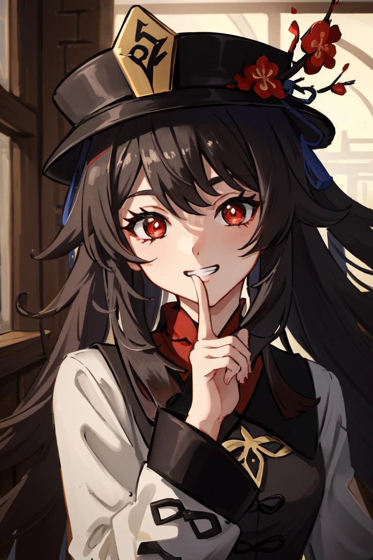 Highly detailed, High Quality, masterpiece, perfect ligthing, volumetric light, very detailed red eyes:1, detailed face:1, shushing, grin, inside storage room,<lora:hutao1:0.8> hutaodef, <lyco:Saya-shushing:1.0>