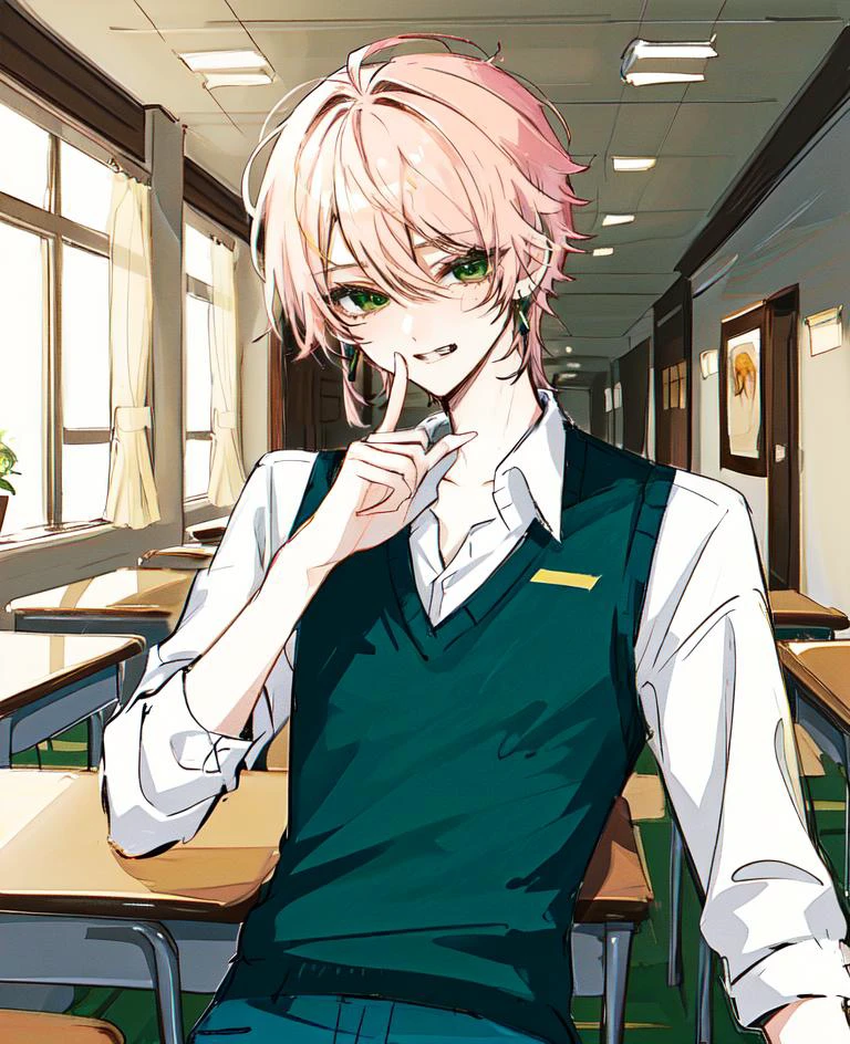 1boy, light pink hair, tsurime, narrowed eyes, pixie cut, hair between eyes, earrings, long sleeves, male focus, solo, green eyes, smile, smug, green sweater vest, pants, sketch by nty, school interior, desk, <lora:SketchStyle:0.7>, <lora:Tsurime3:1>tsurime, shushing, <lora:Saya-shushing:1>