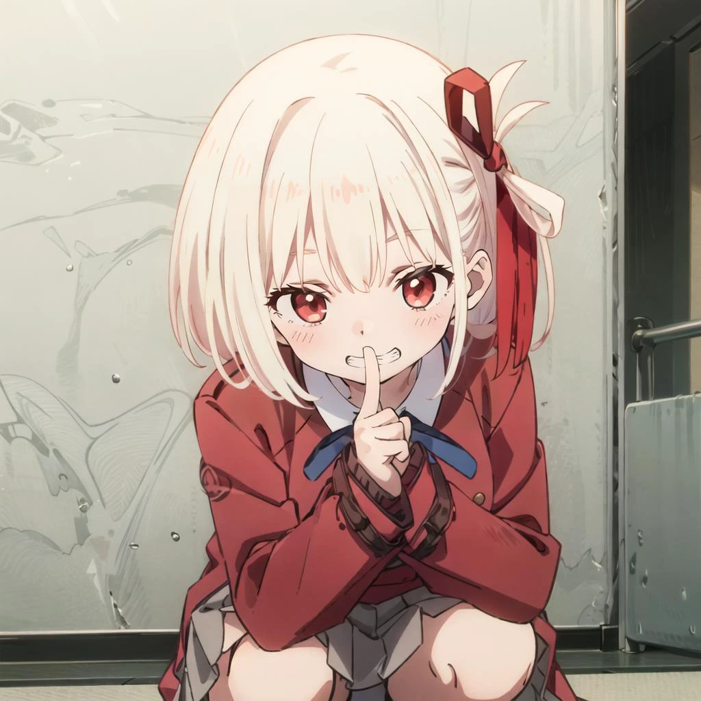 squatting, knee, (evil grin:1.2), bent over, solo, <lora:리ì½ë¦¬ì¤-ì¹ì¬í _nishikigi_chisato_lycorisrecoil:0.8>, 리ì½ë¦¬ì¤-ì¹ì¬í ìë² ë©, short hair, blonde hair, red hair ribbon, bob cut, neck ribbon, two-tone dress, red dress, gray dress, long sleeves, pleated dress, white collar, <lora:Saya-shushing:0.8>, (shushing:1.2)
