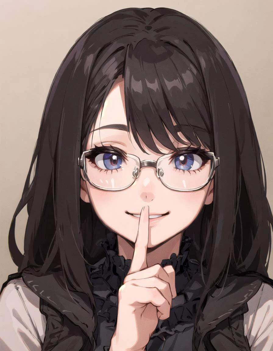 masterpiece, best quality, 1girl,solo,glasses, shushing,smile,