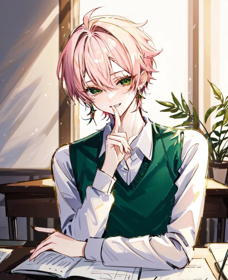1boy, light pink hair, tsurime, narrowed eyes, pixie cut, hair between eyes, earrings, long sleeves, male focus, solo, green eyes, smile, smug, green sweater vest, pants, sketch by nty, school interior, desk, <lora:SketchStyle:0.7>, <lora:Tsurime3:1>tsurime, shushing, <lora:Saya-shushing:1>