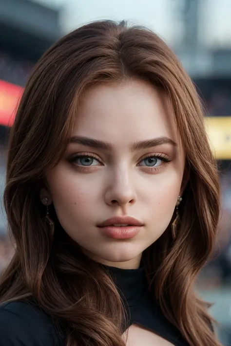 photo of (r3natavall:0.99), a beautiful woman, closeup portrait, perfect hair, (modern photo, Olive Brown compression shirt), 24mm, (analog, cinematic, film grain:1.3), (stadium rock concert surrounded by people and people:1.1), detailed eyes, (seductive pose), (epicPhoto), (((looking at viewer:1.1))), earrings