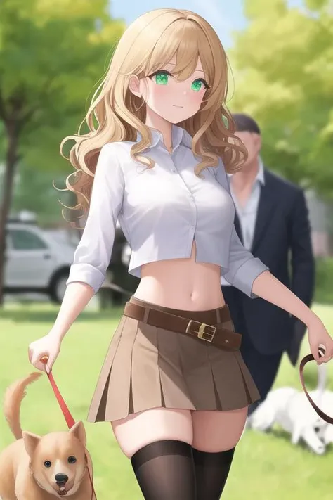 a woman in a skirt and a man in a suit are walking a dog in the park together,, 1girl, belt, blurry, blurry_background , breasts, brown_hair, cowboy_shot, crop_top, curly_hair, depth_of_field, green_eyes, long_hair, looking_at_viewer, midriff, solo, thighhighs, thighs, wavy_hair