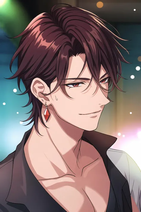 (kuchen_(yumekuro):1) (handsome:1) (man:0.8) (abs:1) (sweat:1) (dripping_wet:0.5) (male focus:0.8) (indoor:0.8) (bokeh:1) (shine:0.8) <lora:kuchen_yumekuro:0.55> (smile:0.1) (jewelry:0.7) (earrings:0.8) (short hair:0.1) (shirt:0.2)