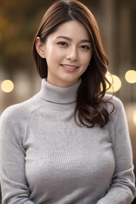 (masterpiece, highest quality:1.3), (Ultra-detailed 8K:1.2), (hyperrealistic:1.35),(Raw photo:1.2),highest quality, High resolution, wallpaper, photo realistic ,product quality, (full shot:1.5),a Japanese beautiful girl, smile, wearing a white turtleneck sweater, natural makeup, detailed face, cinematic lighting, octane rendering,You can see the bulge of her breast on her clothes.