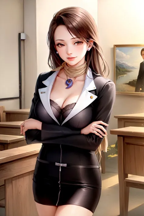 (masterpiece, best quality:1.2), <lyco:aa_miafey-11:1.0>, cowboy shot, solo, 1girl, mia fey, smile, closed mouth, looking at viewer, crossed arms, formal, jacket, pencil skirt, scarf, magatama necklace, earrings, cleavage, courtroom