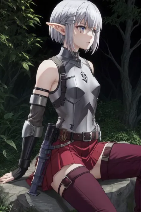 NSFW, masterpiece, motion, outside in a park, low light, 1 Girl, elf, straight short hair, silver hair, purple eyes, small breasts, neutral expression, body armor consisting of a black sleeveless shirt with silver accents and a metal plate on her collar, along with black pants that have two black straps on her thighs, and another two strapped around her shins separate from each other. she wears black metal plated shoes, which appear to be attached to her trousers. a red coat which is actually two separate sleeves connected by a metal plate at the back which covers her arms and was cut off showing her upper torso and midriff, and has a separate red open skirt which ended above her shins with the top