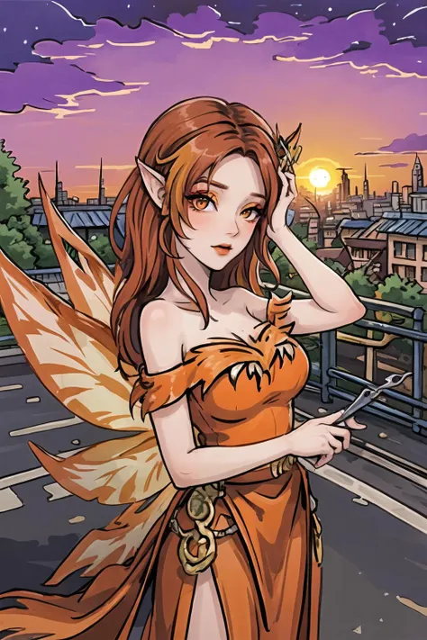 masterpiece, best quality, ultra-detailed, illustration, 1girl, solo, fantasy, firefaerie, (summer night sunset:1.3), cowboy shot, (high contrast:1.1), (intense:1.1), orange hair, multicolored hair, fairy wings, strapless dress, makeup, bare shoulders, hair over one eye, (night city road:1.2), <lora:firefaerie-000010:1>