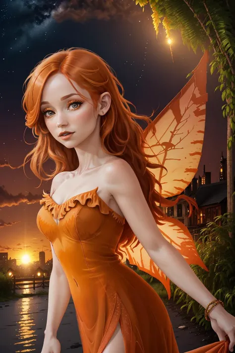 firefaerie, (summer night sunset:1.3), (8k, RAW photo, best quality, masterpiece:1.2), (realistic, photo-realistic:1.37), best quality, ultra high res, cowboy shot, (high contrast:1.1), (intense:1.1), (detailed:1.1), (highest quality), (analog:1.2), (high sharpness), real shadow, photographed by Canon EOS R6, 135mm, 1/1250s, f/2.8, ISO 400, orange hair, multicolored hair, fairy wings, strapless dress, makeup, bare shoulders, hair over one eye, (night city road:1.2), <lora:firefaerie-000010:1>