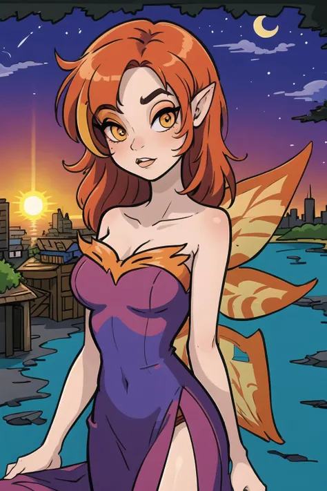 masterpiece, best quality, ultra-detailed, illustration, 1girl, solo, fantasy, firefaerie, (summer night sunset:1.3), cowboy shot, (high contrast:1.1), (intense:1.1), orange hair, multicolored hair, fairy wings, strapless dress, makeup, bare shoulders, hair over one eye, (night city road:1.2),  <lora:firefaerie-000010:1>