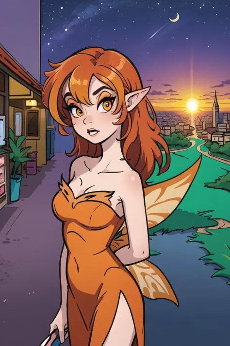 masterpiece, best quality, ultra-detailed, illustration, 1girl, solo, fantasy, firefaerie, (summer night sunset:1.3), cowboy shot, (high contrast:1.1), (intense:1.1), orange hair, multicolored hair, fairy wings, strapless dress, makeup, bare shoulders, hair over one eye, (night city road:1.2), <lora:firefaerie-000010:1>