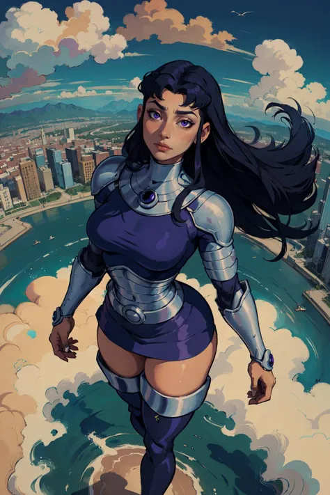 (masterpiece,best quality,absurdres,beautiful,aesthetic,detailed),from above,fisheye lens,floating in midair,modern city,1girl,blackfire,long hair, vambraces, armored, thigh boots,thick thighs <lora:DC_Blackfire-DEF:0.8>