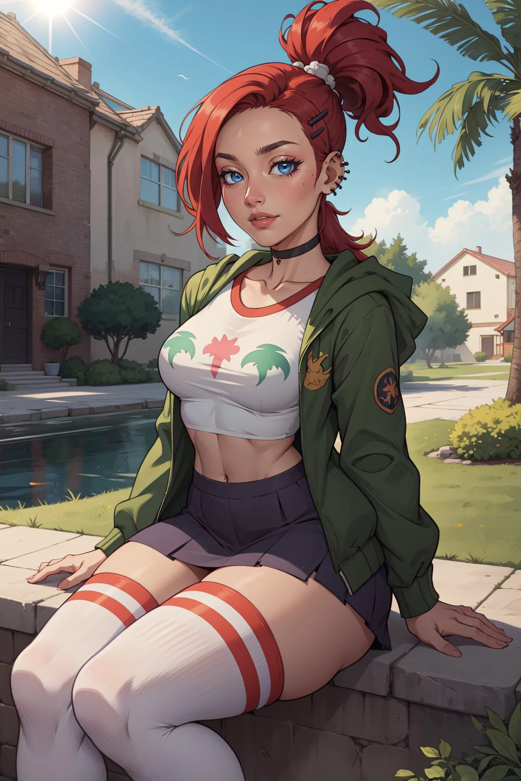 (masterpiece, best quality, 4k, aesthetic, detailed, intricate),outside,sunlight,sitting, sportkhth, thighhighs,1girl, frankiefoster,ponytail, choker, hairclip, hair ornament, shirt, green jacket, piercing, midriff, skirt,grin,thick thighs <lora:frankiefoster-guy-301:0.8> <lora:sportkhth:0.8>