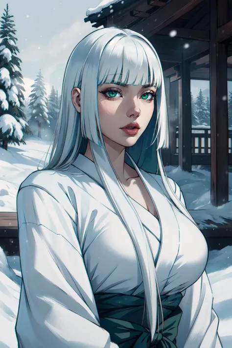 (masterpiece,best quality,absurdres,beautiful,aesthetic,detailed),outside,snow,natural light,light particles,,1girl,upper body,,yuki,long hair, white hair, green eyes, blunt bangs, pale skin,kimono,wide sleeves,  <lora:yukionna:0.8>