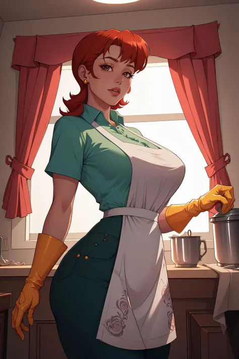 dextersmom, gorgeous milf, cleaning up floor, ((on her knees)), short messy redhair, lovely smile, ((red lip gloss)), large blue eyes,((long eyelashes)), ((blushing face)), ((only wearing a white apron on full nude body)), perfect body, busty, ((thin waist)), perfect legs, ((thick thighs)), big perfect ass up, ((yellow gloves)), intricate details, masterpiece, bestquality, uhd, 8k, ((plain backgound:1.3)),