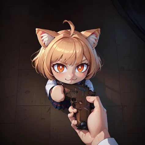 (masterpiece, best quality, absurdres, 4k, aesthetic, detailed, intricate, perfect lighting),necoarc,animal ears, cat ears, blonde hair, slit pupils, :3, bangs, antenna hair, short hair, cat girl, anzhcgodoacrime,from above, chibi, pov, holding gun <lora:AnzhcGoDoACrime2_118390:1>   <lora:necoarc:0.8>