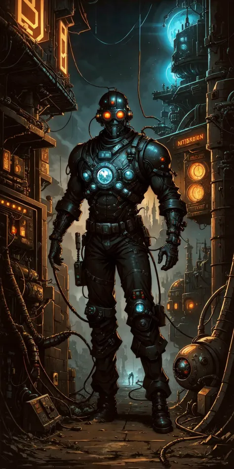 dark oil painting of a cybersteampunk man who interfaces with a retro-futuristic rube-goldberg manifestation of the internet with cables from a man's helmet to an elaborate machine macabre sinister sci-fi