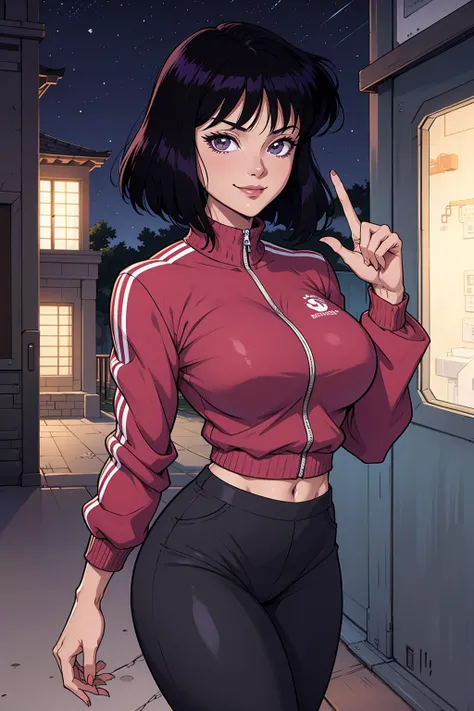 masterpiece, best quality, 1girl, solo, looking at viewer, anime screencap,1990s \(style\), (art by Naoko Takeuchi), <lora:EPsmSailorSaturn-08:0.7>, EPsmSailorSaturn, short hair, black hair, purple eyes, BREAK
omake, spaceship, night, index finger raised, track jacket, pom-pom pants, naughty smile