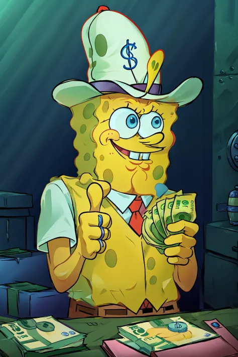 (masterpiece, best quality, absurdres, 4k, aesthetic, detailed, intricate),<lora:spongebob010124:1> spongebob,krusty krab hat <lora:gangstersb:0.8> gangstersb,upper body, money, holding, holding money, thumbs up