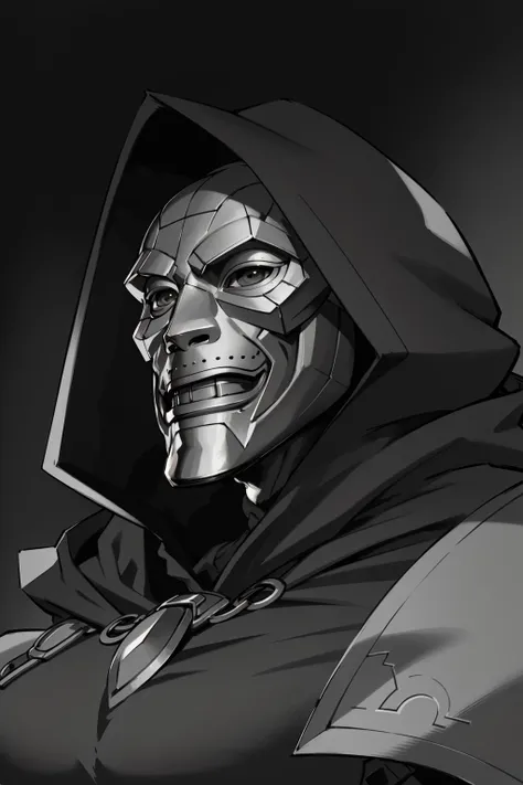 (masterpiece,best quality,absurdres,beautiful,aesthetic,detailed),close-up,incursiogigalookingleft,monochrome,greyscale,1mask,hood,cloak <lora:GigaChad_Looking_Left:0.9> <lora:DoctorDoomLoRA:0.7>