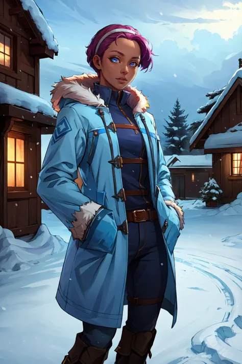 (masterpiece, best quality, absurdres, 4k, aesthetic, detailed, intricate, perfect lighting),outside,snow,cinematic angle,1girl,fiona,short hair, forehead,white hairband,winter coat,fur trim,hands in pockets, <lora:fionaV1:0.9>