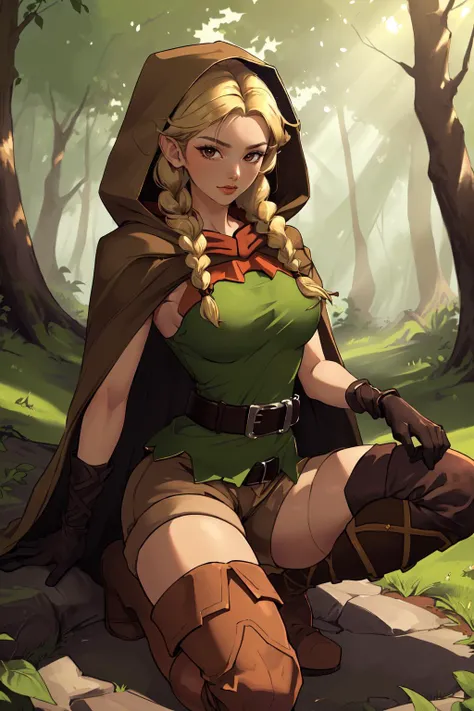 <lora:dcelf-nvwls-v1:0.65> (masterpiece, best quality, artstation, absurdres, 8k, RAW), dcelf, elf, 1girl, pointy ears, blonde hair, twin braids, (slight smile:1.1), looking at the viewer, Lean body, (small breasts:1.1), slim waist, (massive thighs, thick thighs:1.3), dynamic pose, stands on one knee, hood, (brown cloak), green tunic, gloves, belt, brown shorts, thigh boots, forest, sunlight filtering through trees, epic composition, cinematic lighting, sharp focus   <lora:age_slider_v6:-2>