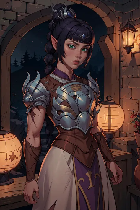 (masterpiece,best quality,absurdres,beautiful,aesthetic,detailed),cinematic angle,lantern,1girl,shadowheart,pointy ears, braid, ponytail, hair ornament, scar, bangs,armor, shoulder armor, breastplate, pauldrons <lora:shadowheartr2:0.7>